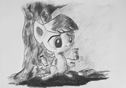 Size: 960x675 | Tagged: artist:inkygarden, camera, charcoal drawing, derpibooru import, featherweight, grayscale, monochrome, safe, sketch, solo, traditional art, tree