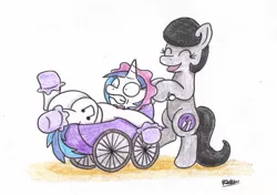 Size: 1695x1195 | Tagged: safe, artist:bobthedalek, derpibooru import, vinyl scratch, oc, oc:mixed melody, oc:octavia's mother, earth pony, pony, unicorn, booties, diaper, duo, female, mare, mothers gonna mother, poofy diaper, pram, traditional art