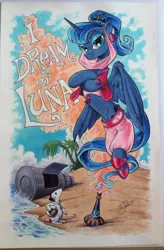 Size: 670x1023 | Tagged: andy you magnificent bastard, artist:andypriceart, crossover, derpibooru import, genie, harem pants, i dream of jeannie, princess luna, safe, tiberius, traditional art