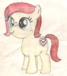 Size: 1268x1441 | Tagged: safe, artist:chronicle23, derpibooru import, oc, unofficial characters only, earth pony, panda, pony, female, filly, freckles, heart, monochrome, solo, traditional art
