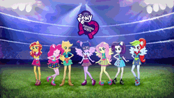 Size: 1000x563 | Tagged: safe, derpibooru import, official, applejack, fluttershy, pinkie pie, rainbow dash, rarity, sci-twi, sunset shimmer, twilight sparkle, equestria girls, friendship games, animated, commercial, equestria girls logo, friendship games dolls commercials, humane seven, mane six, outfit, ponied up, school spirit, scitwilicorn, sporty style, toynetic