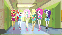 Size: 1000x563 | Tagged: safe, derpibooru import, official, screencap, applejack, fluttershy, pinkie pie, rainbow dash, rarity, sunset shimmer, equestria girls, friendship games, animated, commercial, humane six, outfit, school spirit, sporty style, unleash the magic (commercial)
