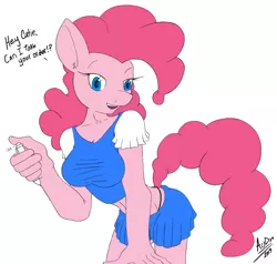 Size: 1477x1406 | Tagged: anthro, artist:fiercewendigo, belly button, breasts, busty pinkie pie, cheerleader, cheerleader pinkie, clothes, derpibooru import, female, looking at you, midriff, open mouth, panties, pen, pinkie pie, skirt, smiling, solo, solo female, suggestive, thong, underwear, waitress