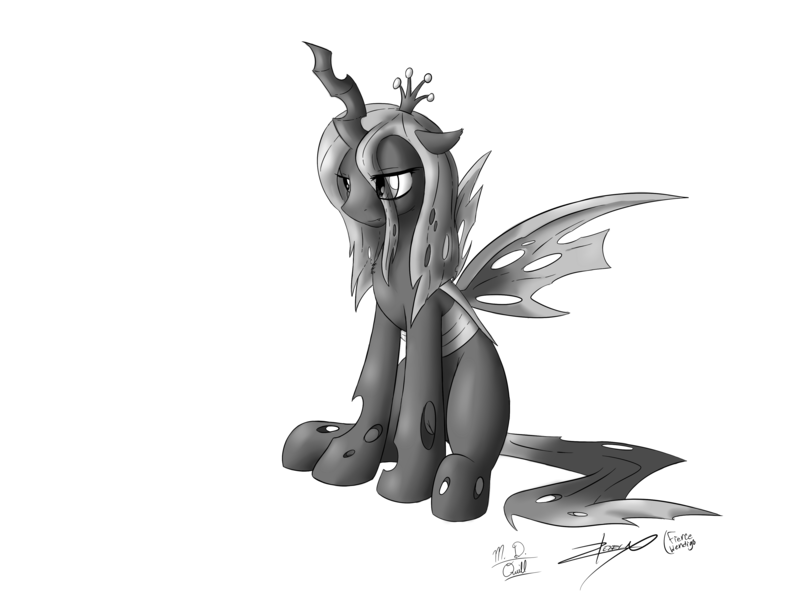 Size: 4000x3000 | Tagged: artist:fiercewendigo, artist:m_d_quill, artist:xeirla, derpibooru import, monochrome, queen chrysalis, safe, solo