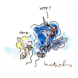 Size: 650x650 | Tagged: safe, artist:katiecandraw, derpibooru import, derpy hooves, princess luna, alicorn, pegasus, pony, gamer luna, :t, controller, derp, duo, duo female, eating, female, headset, mare, mouth hold, traditional art