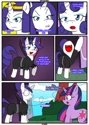 Size: 1238x1744 | Tagged: artist:otakon, cleopatra, cleopatrarity, clothes, comedy, comic, cosplay, derpibooru import, luna eclipsed, morticia addams, rarity, safe, sweetie belle, twilight sparkle, vampire, vampony