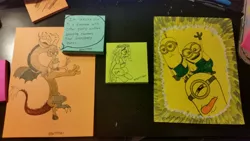 Size: 5312x2988 | Tagged: artist:postitpony, derpibooru import, despicable me, discord, minions, photo, safe, sticky note, traditional art, tree hugger