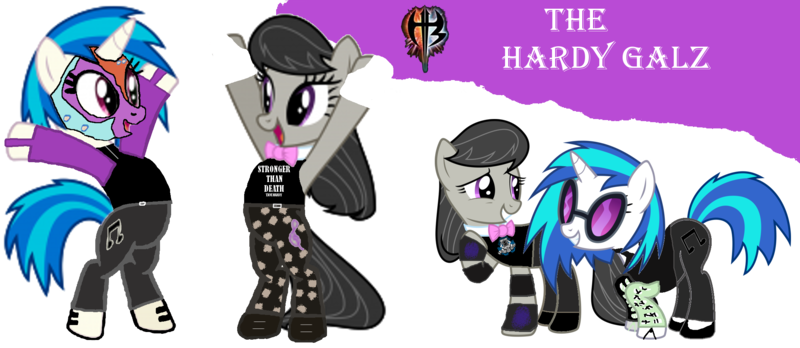 Size: 2300x1000 | Tagged: safe, artist:skulluigi, derpibooru import, vector edit, octavia melody, vinyl scratch, earth pony, pony, unicorn, bipedal, bowtie, clothes, cutie mark, duo, face paint, female, hooves, horn, jeff hardy, mare, matt hardy, open mouth, simple background, smiling, sunglasses, teeth, text, the hardy boyz, the hardys, tna, transparent background, vector, wrestling, wrist tape, wwe