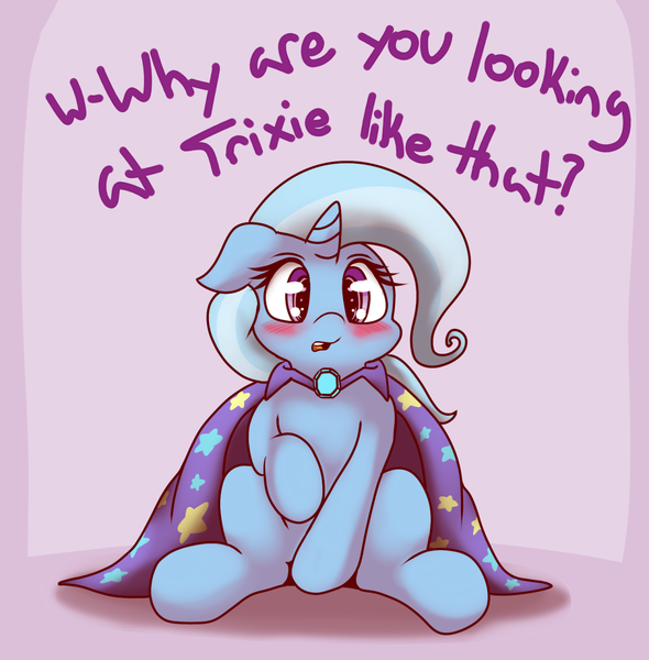 Size: 1280x1302 | Tagged: safe, artist:graphene, derpibooru import, trixie, pony, unicorn, blushing, cape, clothes, cute, diatrixes, female, looking at you, mare, raised hoof, sitting, solo, third person, trixie's cape, tsunderixie