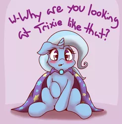 Size: 1280x1302 | Tagged: safe, artist:graphene, derpibooru import, trixie, pony, unicorn, blushing, cape, clothes, cute, diatrixes, female, looking at you, mare, raised hoof, sitting, solo, third person, trixie's cape, tsunderixie