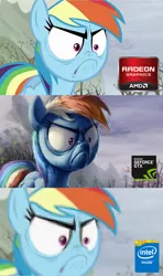 Size: 500x844 | Tagged: amd, angry, artist:hunternif, biased, comparison, derpibooru import, do i look angry, faic, frown, glare, intel, meme, nose wrinkle, nvidia, obligatory pony, pc master race, radeon, rainbow dash, safe, scene interpretation, solo, tanks for the memories, video card, wide eyes