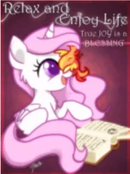 Size: 446x600 | Tagged: safe, derpibooru import, philomena, princess celestia, phoenix, book, cewestia, cute, cutelestia, eyes closed, filly, fluffy, hug, needs more jpeg, open mouth, pink-mane celestia, raised hoof, sitting, smiling