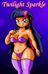 Size: 1024x1566 | Tagged: artist:aleximusprime, bedroom eyes, belly button, big breasts, bra, breasts, busty twilight sparkle, cleavage, clothes, curvy, derpibooru import, female, human, humanized, lingerie, moderate dark skin, panties, pinup, sexy, socks, solo, solo female, stockings, suggestive, tanned, thighs, thong, thunder thighs, twilight sparkle, underboob, underwear, wide hips