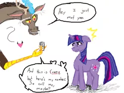 Size: 520x390 | Tagged: artist:skaska, call me maybe, carly rae jepsen, derpibooru import, discolight, discord, doodle or die, female, heart, male, safe, shipping, song reference, straight, twilight sparkle