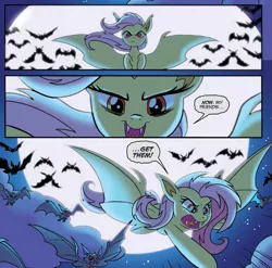 Size: 675x668 | Tagged: safe, artist:tonyfleecs, derpibooru import, idw, fluttershy, bat, bat pony, fruit bat, pony, vampire fruit bat, night of the living apples, spoiler:comic, spoiler:comic33, animal, comic, female, flutterbat, flying, full moon, mare, moon, official comic, race swap, speech bubble