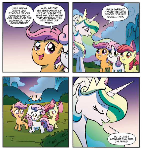 Size: 665x700 | Tagged: safe, artist:tonyfleecs, derpibooru import, idw, apple bloom, princess celestia, scootaloo, sweetie belle, alicorn, earth pony, pegasus, pony, unicorn, night of the living apples, spoiler:comic, spoiler:comic33, comic, cutie mark crusaders, ethereal mane, female, filly, foal, mare, official comic, speech bubble