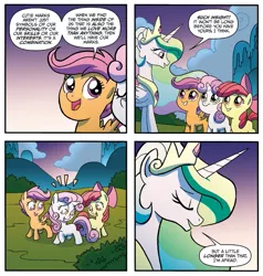 Size: 665x700 | Tagged: safe, artist:tonyfleecs, derpibooru import, idw, apple bloom, princess celestia, scootaloo, sweetie belle, alicorn, earth pony, pegasus, pony, unicorn, night of the living apples, spoiler:comic, spoiler:comic33, comic, cutie mark crusaders, ethereal mane, female, filly, foal, mare, official comic, speech bubble