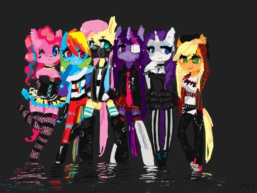 Size: 520x390 | Tagged: anthro, applejack, artist:marinakirby, derpibooru import, doodle or die, eyepatch, fluttershy, gas mask, mane six, pinkie pie, punk, rainbow dash, rarity, safe, twilight sparkle