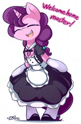 Size: 1250x1920 | Tagged: safe, artist:dshou, derpibooru import, sugar belle, earth pony, pony, unicorn, bipedal, chest fluff, clothes, curtsey, eyes closed, female, maid, mare, master, open mouth, simple background, socks, solo, speech, white background