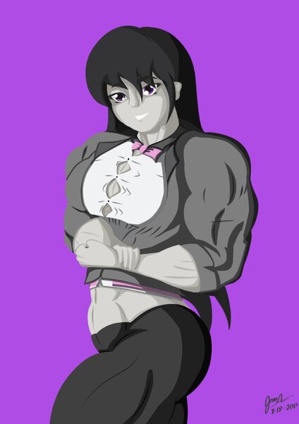 Size: 752x1063 | Tagged: safe, artist:pandatarius, derpibooru import, octavia melody, equestria girls, abs, fetish, flexing, looking at you, muscle fetish, muscles, octveinia, pose, tight clothing
