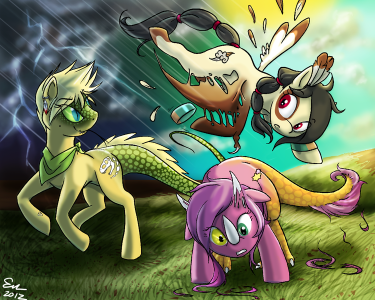 Size: 1800x1440 | Tagged: artist:prehistoricplague, derpibooru import, dinosaur, dinosaurified, female, lightning, magic, oc, oc:bone digger, oc:jinx, oc:spirit storm, pterodactyl, rain, safe, sky, species swap, storm, sun, thunder, thunderstorm, transformation, triceratops, unofficial characters only