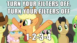 Size: 610x343 | Tagged: safe, derpibooru import, edit, edited screencap, screencap, apple rose, applejack, braeburn, golden delicious, red gala, wensley, earth pony, pony, apple family reunion, apple family member, bad advice, female, filters, image macro, male, mare, meme, meta, raise this barn, stallion