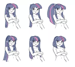 Size: 960x856 | Tagged: alternate hairstyle, artist:king-kakapo, belly button, breasts, covering, covering breasts, derpibooru import, hairstyle, human, humanized, nudity, reference sheet, sketch, solo, suggestive, twilight sparkle