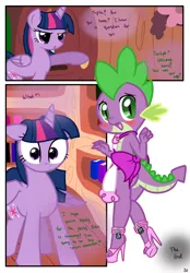 Size: 1741x2500 | Tagged: suggestive, artist:pyruvate, derpibooru import, spike, twilight sparkle, twilight sparkle (alicorn), alicorn, dragon, pony, comic:dragon queen, ankle cuffs, apron, blushing, clothes, comic, crossdressing, embarrassed, female, femboy spike, high heels, image, jpeg, locking high heels, mare, naked apron, padlock, shoes, sissy, wtf face