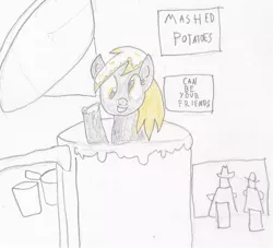 Size: 1129x1025 | Tagged: safe, artist:barryfrommars, derpibooru import, derpy hooves, pegasus, pony, dare to be stupid, female, mare, mashed potatoes, pot, traditional art, weird al yankovic