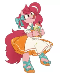 Size: 774x968 | Tagged: safe, artist:umeguru, derpibooru import, pinkie pie, anthro, earth pony, :p, alternate hairstyle, bipedal, bow, clothes, cute, diapinkes, dress, female, fingers, hair bow, ice cream, licking, pixiv, shoes, simple background, solo, tongue out, white background