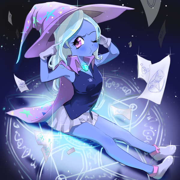 Size: 1000x1000 | Tagged: safe, artist:quizia, derpibooru import, trixie, equestria girls, :t, armpits, blushing, cape, clothes, cute, diatrixes, frown, glare, glow, gradient background, hat, looking at you, magic, magic circle, miniskirt, pleated skirt, pouting, puffy cheeks, runes, shoes, sitting, skirt, solo, sparkles, trixie's cape, trixie's hat, younger
