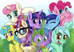 Size: 800x566 | Tagged: safe, artist:yeapazo, derpibooru import, lemon hearts, lyra heartstrings, minuette, moondancer, pinkie pie, spike, twilight sparkle, twinkleshine, amending fences, book, canterlot six, chest fluff, grin, smiling, tongue out, wink
