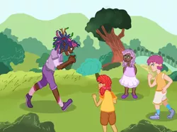 Size: 808x600 | Tagged: apple bloom, artist:sunshineandvodka, clothes, cutie mark crusaders, dark skin, derpibooru import, human, humanized, lesson zero, light skin, moderate dark skin, safe, scene interpretation, scootaloo, skirt, sweetie belle, tanktop, twilight snapple, twilight sparkle