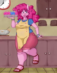 Size: 1280x1661 | Tagged: anthro, apron, artist:slipe, chubby, clothes, cupcake, derpibooru import, fat, feet, pinkie pie, plantigrade anthro, safe, sandals, solo, toes