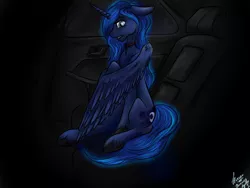 Size: 1600x1200 | Tagged: safe, artist:iwoo34enn, artist:stirren, derpibooru import, princess luna, alicorn, pony, car, collar, fanfic art, solo, unshorn fetlocks