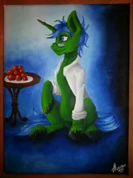 Size: 1536x2048 | Tagged: safe, artist:stirren, derpibooru import, pony, unicorn, canvas, oil painting, present, solo, traditional art