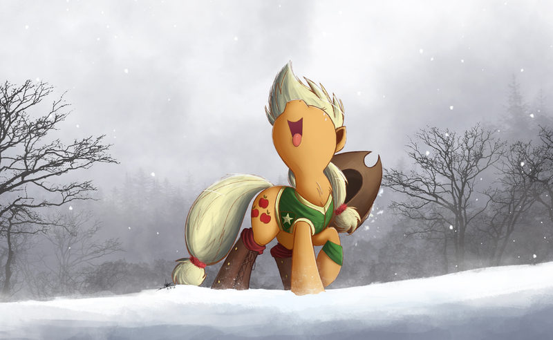 Size: 2000x1230 | Tagged: safe, artist:ncmares, derpibooru import, applejack, earth pony, pony, winter wrap up, boots, clothes, female, image, jpeg, looking up, mare, nose in the air, open mouth, plant team, raised hoof, silly, silly pony, snow, snowfall, solo, tongue out, vest, winter, winter wrap up vest