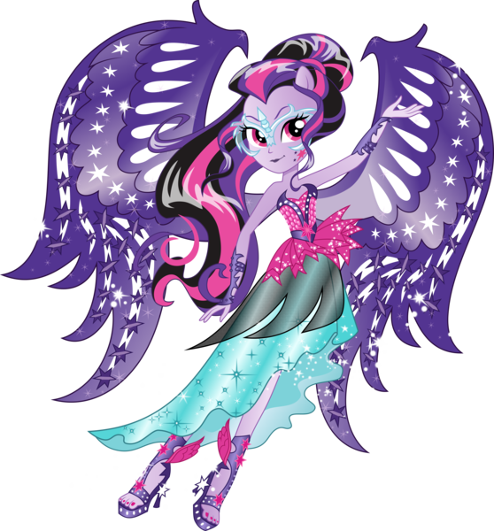 Size: 4991x5369 | Tagged: safe, artist:xebck, derpibooru import, sci-twi, twilight sparkle, equestria girls, friendship games, absurd resolution, box art, feet, high heels, lipstick, midnight sparkle, simple background, solo, transparent background, vector, wings