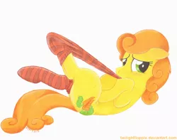 Size: 1100x865 | Tagged: artist:foxxy-arts, carrot top, clothes, cute, cutie top, derpibooru import, female, golden harvest, mouth hold, on back, socks, solo, solo female, striped socks, suggestive, traditional art, underhoof, undressing