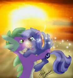 Size: 600x643 | Tagged: safe, artist:pen-mightier, derpibooru import, princess luna, spike, alicorn, pony, adorable face, beside every great dragon there is a great moon, crack shipping, cute, fanfic art, female, hug, love, lunabetes, male, older, romance, s1 luna, shipping, spiluna, straight, sunset, teenage spike