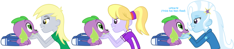 Size: 9681x2045 | Tagged: safe, artist:titanium-pony, derpibooru import, cloudy kicks, derpy hooves, spike, trixie, dog, equestria girls, backpack, bedroom eyes, derpyspike, female, heart eyes, love, male, shipping, simple background, smiling, spike gets all the mares, spike the dog, spikelove, spikicker, spixie, straight, transparent background, vector, wingding eyes