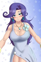 Size: 1300x1950 | Tagged: artist:bocodamondo, big breasts, blushing, breasts, busty rarity, cleavage, clothes, derpibooru import, dress, earring, female, human, humanized, looking at you, necklace, piercing, rarity, smiling, solo, solo female, suggestive