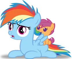 Size: 550x456 | Tagged: safe, artist:beavernator, artist:scrapplejack, derpibooru import, rainbow dash, scootaloo, pony, .svg available, baby, baby pony, baby scootaloo, beavernator is trying to murder us, cute, cutealoo, dashabetes, filly, filly rainbow dash, nom, rainbow dash is not amused, simple background, svg, time paradox, transparent background, unamused, vector, younger