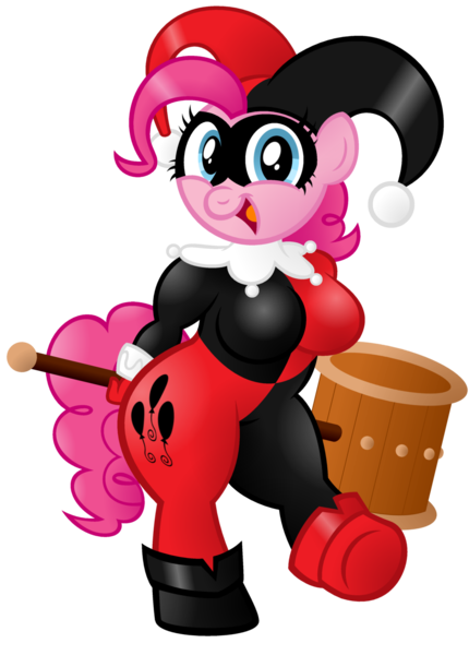 Size: 1024x1428 | Tagged: anthro, artist:aleximusprime, breasts, crossover, derpibooru import, female, harley quinn, parody, pinkie pie, safe, simple background, solo, transparent background