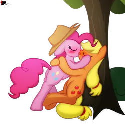 Size: 2000x2000 | Tagged: applejack, applepie, artist:ggumbaramggun, blushing, derpibooru import, female, french kiss, kissing, lesbian, pinkie pie, shipping, suggestive, tree