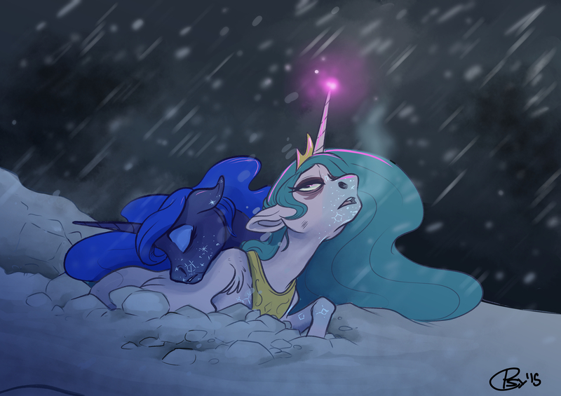 Size: 5016x3541 | Tagged: semi-grimdark, artist:psychoon, derpibooru import, princess celestia, princess luna, alicorn, pony, absurd resolution, duo, female, freezing, frostbite, hypothermia, imminent death, magic, mare, royal sisters, snow, snowfall, this will end in death