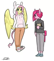 Size: 882x1000 | Tagged: alternate universe, anthro, artist:siden, bunny ears, clothes, converse, derpibooru import, fluttershy, hoodie, oc, oc:cottontail, oc:ink blot, pinkie pie, safe, ultimare universe