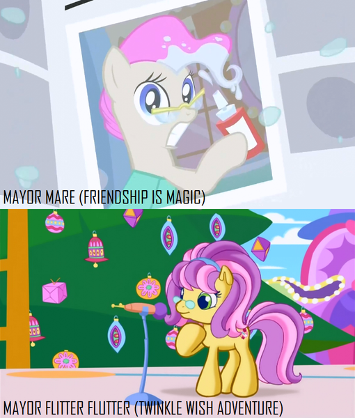 Size: 740x870 | Tagged: comparison, cropped, derpibooru import, g3.5, hair dye, mayor flitter flutter, mayor mare, newspaper, non-dyed mayor, ponyville confidential, safe, screencap, twinkle wish adventure