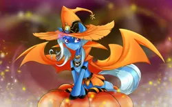 Size: 3360x2100 | Tagged: safe, artist:malifikyse, derpibooru import, trixie, pony, unicorn, cape, cape wings, clothes, female, halloween, mare, pumpkin, socks, solo, striped socks, witch