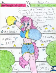 Size: 850x1100 | Tagged: safe, artist:jose-ramiro, derpibooru import, pinkie pie, anthro, boxing, boxing gloves, boxing ring, female, first person view, health bars, image, imminent punch, jpeg